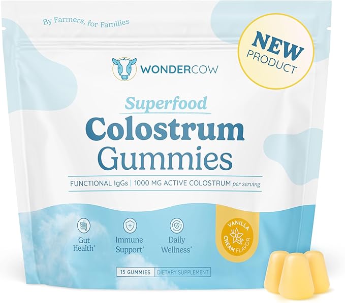 WONDERCOW Colostrum Gummies for Gut Health, Immune Support & Wellness | Natural IgG Whole Bovine Colostrum Supplement, 1,000mg per Serving (15 Gummies (5 Servings), Vanilla Cream)