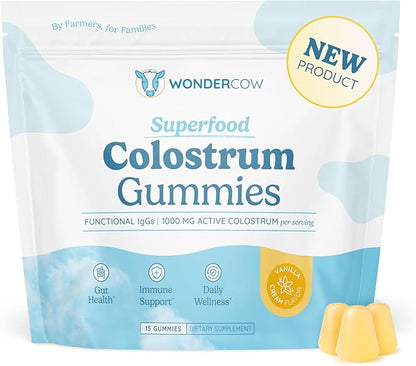 WONDERCOW Colostrum Gummies for Gut Health, Immune Support & Wellness | Natural IgG Whole Bovine Colostrum Supplement, 1,000mg per Serving (15 Gummies (5 Servings), Vanilla Cream)