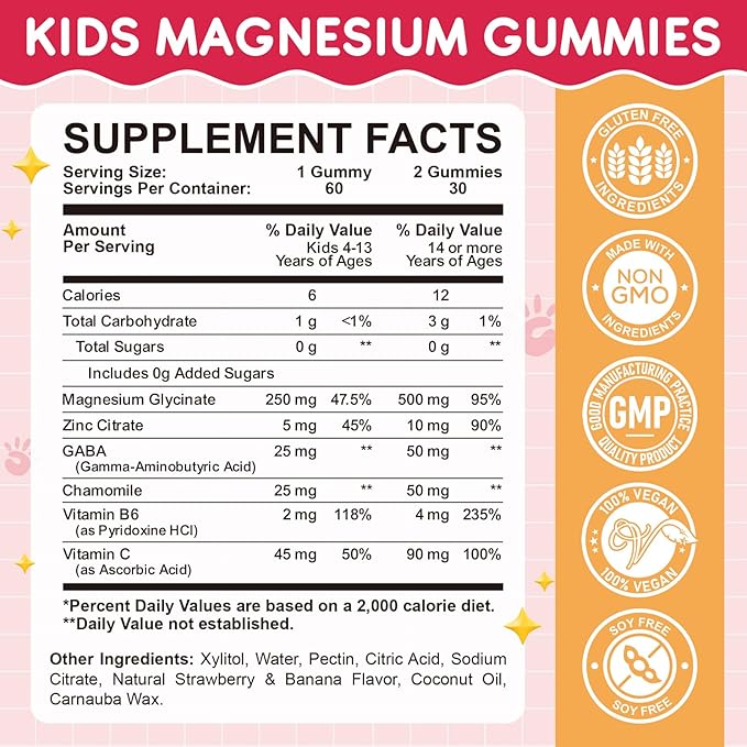 Magnesium Glycinate Gummies for Kids: Calm Magnesium Supplement for Kids & Adults with Zinc Citrate, GABA, Chamomile, Vitamin B6 & C - Sleep, Relaxation & Focus, Strawberry & Banana Flavor 60 Count