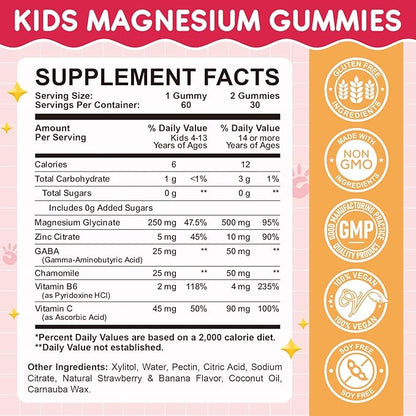 Magnesium Glycinate Gummies for Kids: Calm Magnesium Supplement for Kids & Adults with Zinc Citrate, GABA, Chamomile, Vitamin B6 & C - Sleep, Relaxation & Focus, Strawberry & Banana Flavor 60 Count