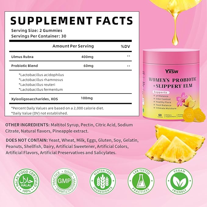 Women's Probiotics Slippery Elm Gummies, Her Juicy Feminine Probiotics Gummies Support pH Balance, Gut Health & Immune System, Sugar-Free, Pineapple Flavor, 60 Count