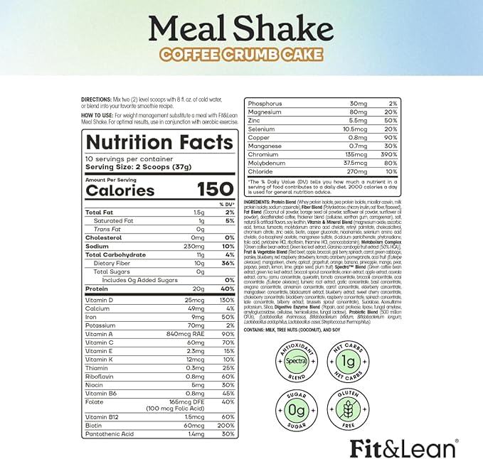 Fit & Lean Meal Shake, Fat Burning Meal Replacement, Protein, Fiber, Probiotics, Coffee Crumb Cake, 1lb, 10 Servings Per Container