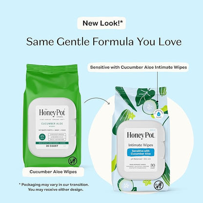 The Honey Pot Company - Feminine Wipes - Daily PH Balancing, Fragrance & Sulfate Free Wipes for Intimate Parts, Body, or Face - Hygiene Products - Sensitive w/Cucumber Aloe 30 ct.