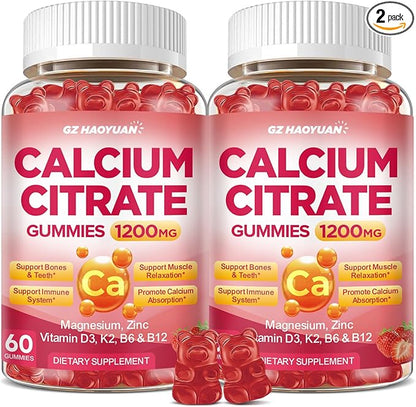 Calcium Citrate Gummies - 1200mg Calcium Gummies Supplements for Women & Men with Vitamin D3, K2, Magnesium, Zinc High Absorption for Bone, Muscle & Immune Support, Strawberry Flavor, 120 Count
