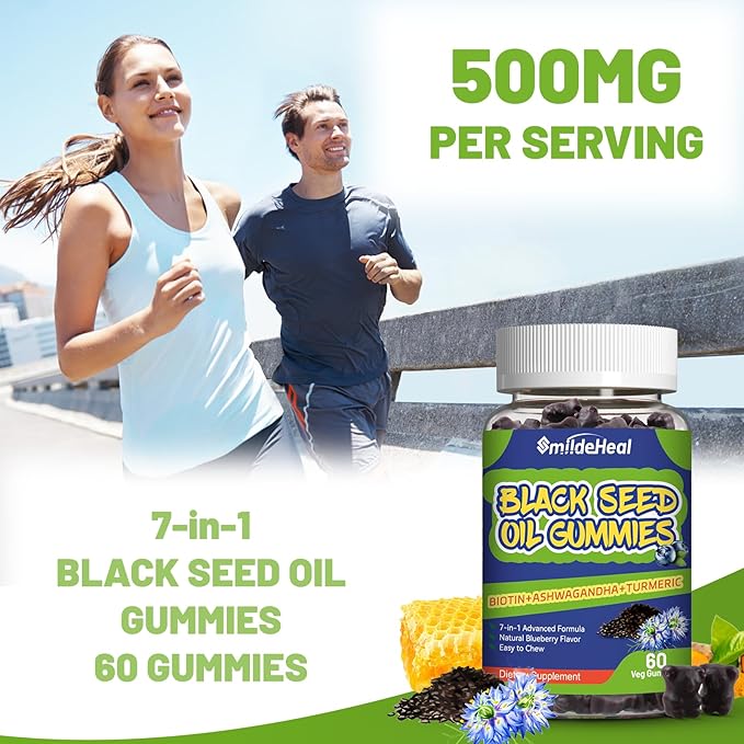 2 Pack Black Seed Oil Gummies, Organic Black Cumin Seed Oil Gummies, Black Cumin Seed Oil Organic 500mg, Chewable Black Seed and Honey Gummies, Vegan, 120 Gummies