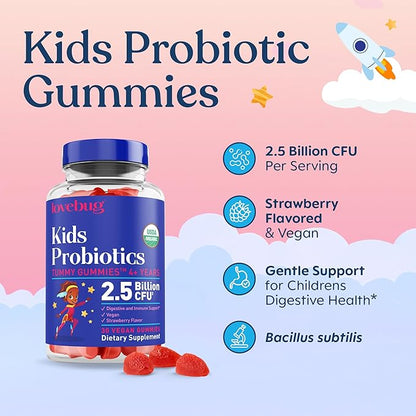 LOVEBUG Kids Probiotic Gummies – Organic Chewable Probiotics for Kids Aged 4+, Soil-Based Children’s Probiotic for Gut Health, Constipation, Digestive & Immune Support, Vegan, 30 Chews, Strawberry