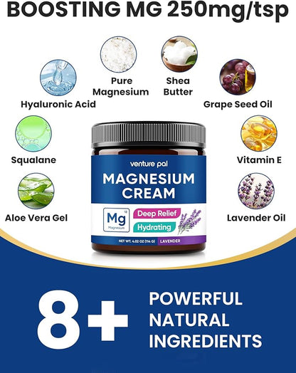 Venture Pal Topical Magnesium Cream, Fast-Absorbing Magnesium Moisturizing Lotion with Coconut Oil, Shea Butter & Hyaluronic Acid, Suitable for Kids
