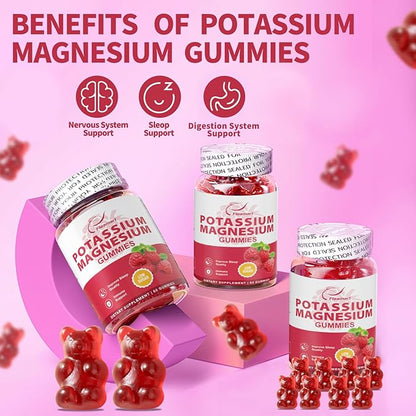 Potassium Magnesium Gummies Potassium Citrate 99mg Magnesium Citrate 250mg Magnesium Potassium Complex Supplement, Immune Support, 60 Raspberry Gummies 2 Pack