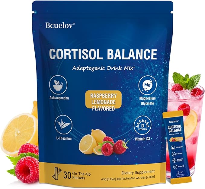 Cortisol Drink Mix, Cortisol Supplements for Women Men with Magnesium Glycinate, Ashwagandha, L-Theanine, Vitamin D 3 for Sleep & Relaxation, On The Go, 30 Ct (Raspberry Lemonade Flavor)