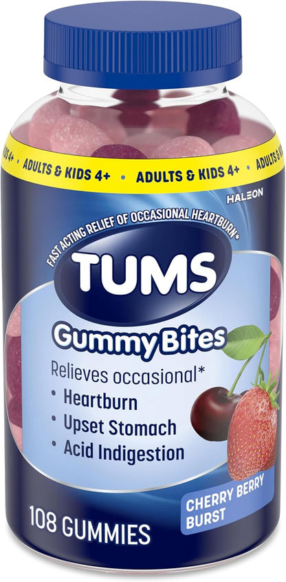 TUMS Gummy Bites Dietary Supplement for Occasional Heartburn Relief, Upset Stomach and Acid Indigestion, Cherry Berry Burst - 108 Count