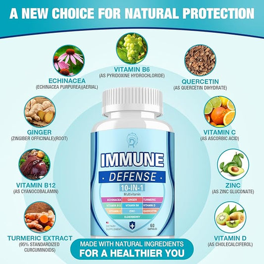 Immune Support Supplement, 10-in-1 Immune Defence with Vitamin C,B6,B12,VIT D, Zinc, Echinacea Turmeric Elderberry Immune Boosters for Adult - 120 Capsules(2 Pack)