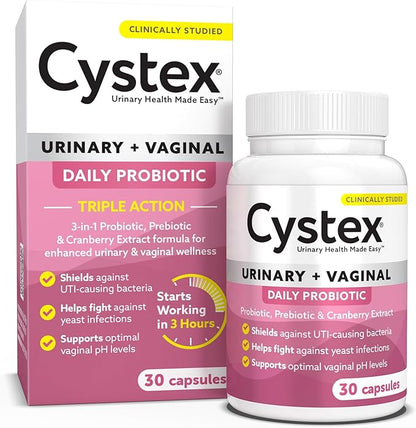 Cystex 3-in-1 Urinary Tract Probiotic for Women - Fast-Acting UTI & Yeast Infection Support with Prebiotics, Probiotics, & Cranberry - Supports Vaginal pH & Flora Balance - 30 Capsules