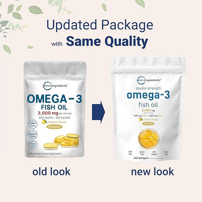 Micro Ingredients Omega 3 Fish Oil Supplements 3,000mg Per Serving, 240 Softgels | Lemon Flavored – Burpless | EPA 540mg + DHA 360mg | Deep Sea Fish