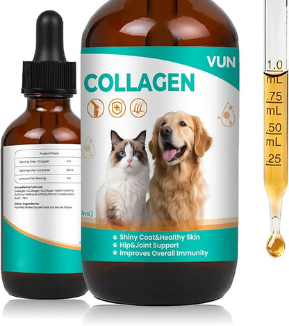 Liquid Collagen for Dogs Cats-Hip & Joint Support, Itch Relief, Skin & Coat Health-Collagen Drop Supplement with Triple Complex (Types I, II,V),MSM, Biotin & Ginger-2 fl oz Bacon Flavor