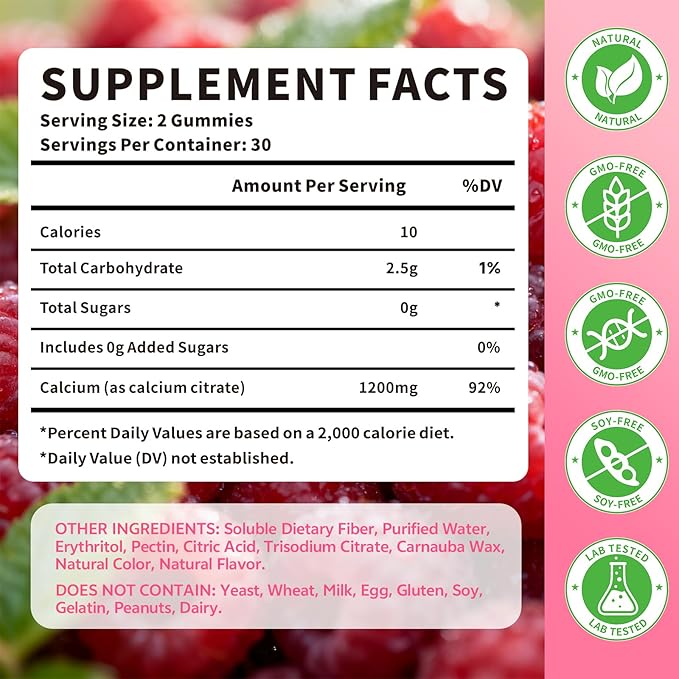 Calcium Citrate Gummies 1200mg for Adults & Kids, Chewable Calcium Citrate for Bone, Muscle & Immune Support, Bioavailable Calcium Supplements for Women & Men, Raspberry Flavor, 60 Count