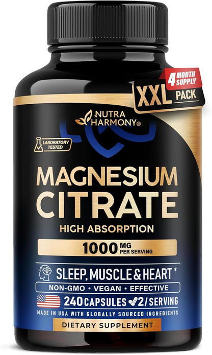 Magnesium Citrate Capsules 1000mg | High Absorption Supplement - Sleep, Muscle & Heart Support - Vegan | Non-GMO - Made in USA - As Powder | Pills | Tablets - 240 Capsules, 4 Month Supply