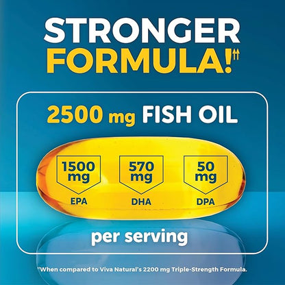Viva Naturals Omega-3 Fish Oil, Triple Strength, 2500 mg, 30 Softgels – Re-Esterified Omega 3 Fatty Acids Including EPA, DHA, DPA - Pascatarian-Friendly