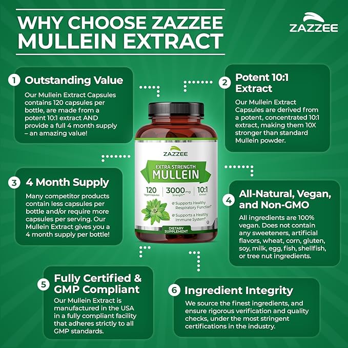 Zazzee Extra Strength Mullein Leaf 10:1 Extract, 120 Vegan Capsules, 4 Month Supply, Verbascum Thapsus, Respiratory & Lung Support, Certified Kosher, 100% Pure Leaf Powder, Non-GMO, Made in the USA