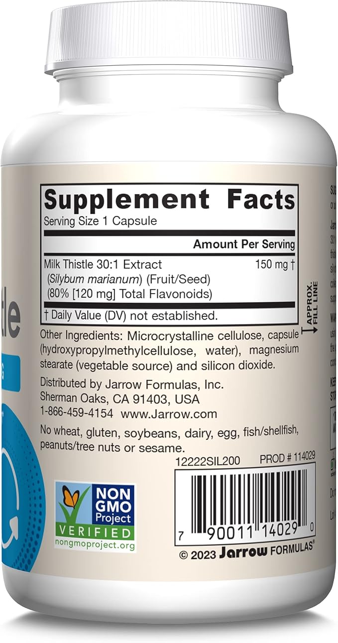Jarrow Formulas Milk Thistle Supplement 150 mg 30:1 Milk Thistle Extract Standardized to 80% Total Flavonoids,Dietary Supplement for Liver Function Support, 200 Veggie Capsules for 200 Day,(Pack of 2)