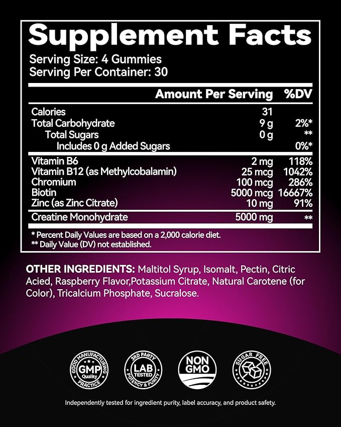 Inner Brightness Creatine Monohydrate Gummies for Women 5000mg - 6-in-1 with Biotin, Zinc, B6, B12 - Sugar-Free Raspberry Creatine Chewables for Muscle, Energy & Skin - 120 Count