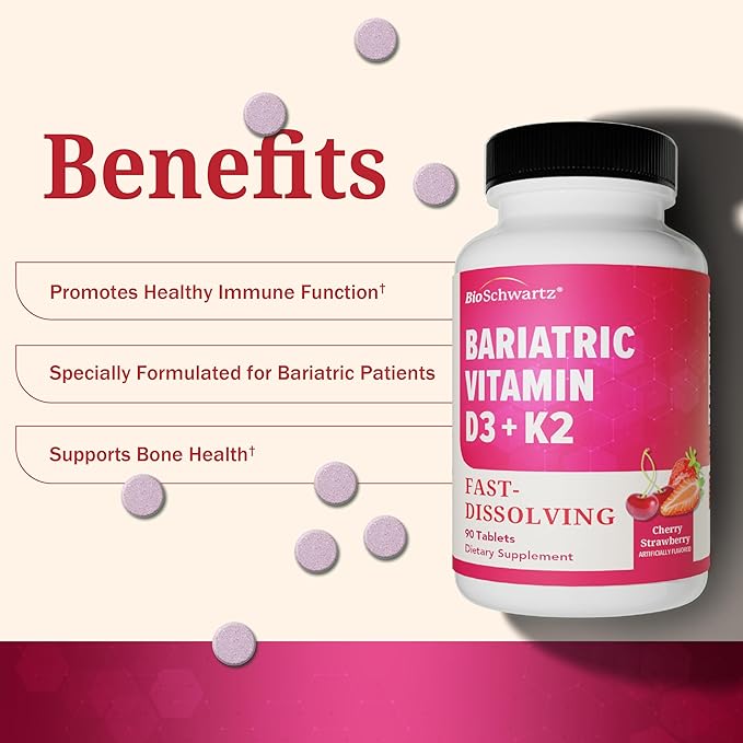 BioSchwartz Bariatric D3 K2 Dissolvable Tablets - 90 Cherry-Strawberry Tablets - Supports Bone Strength - Bariatric Vitamins for Women with Vitamin D3 5000 IU - Third Party Tested, 90 Servings