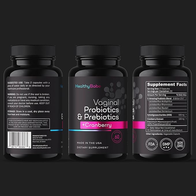 Healthy Babe Vaginal Probiotics for Women + Prebiotics & Cranberry Pills, pH Balance, Healthy Odor, Yeast, Immune Support, Positive Microbiome Health, Women’s Acidophilus Probiotic, 60 Vegan Capsules