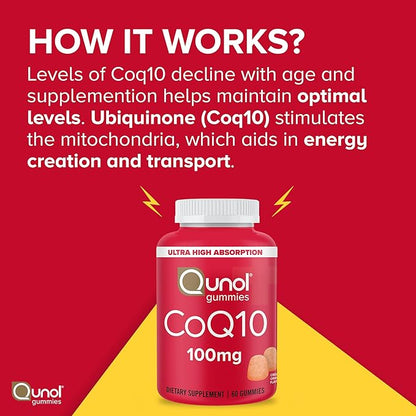 Qunol CoQ10 Gummies, CoQ10 100mg, Delicious Gummy Supplements, Helps Support Heart Health, Vegan, Gluten Free, Ultra High Absorption, 2 Month Supply (60 Count, Pack of 2)