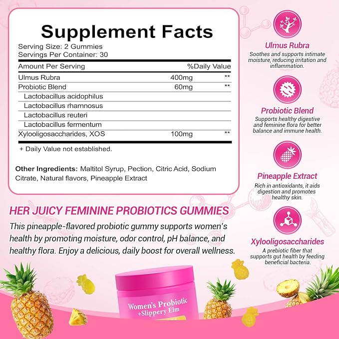Her Juicy Feminine Probiotics Gummies, Premium Feminine Balance Gummies with Slippery Elm for Women's pH Balance, Healthy Odor, Flora and Immune Support – 30-Day Supply