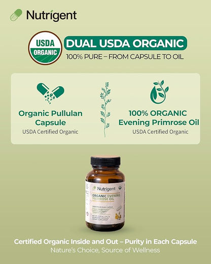 Organic Evening Primrose Oil Supplement, 940 mg 100% Pure with 10% GLA, High Absorption Liquid Organic Capsules, Promotes Women's Health & Skin Health, Cold Pressed, 60 Count
