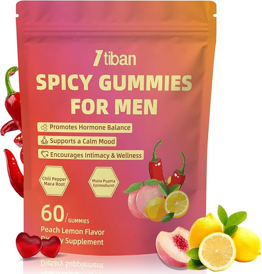 Spicy Gummies Cubes for Couples, Adults Intimacy Hot Peach Gummy with Chili Pepper, Muira Puama, Maca Root and Epimedium, Plant-Based Daily Wellness Support, Vegan, Non-GMO – 60 Gummies