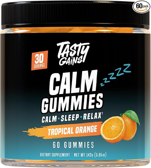 TASTY GAINS Magnesium Gummies – Sugar-Free Calm Gummies for Adults & Kids – Stress Relief, Sleep Support & Mood Booster – with L-Theanine, Magnesium Citrate & Lemon Balm – 60 Chews