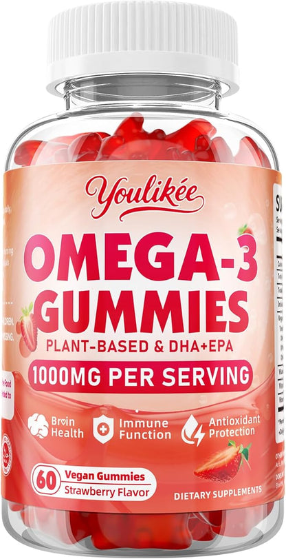 Vegan Omega-3 Gummies 1000mg, Omega 3 Fish Oil Alternative for Adults, Plant Based DHA 460mg & EPA 230mg w/Vitamin A, C, E - Supports Immune Function, Sugar Free, Strawberry Flavor, 60 Count