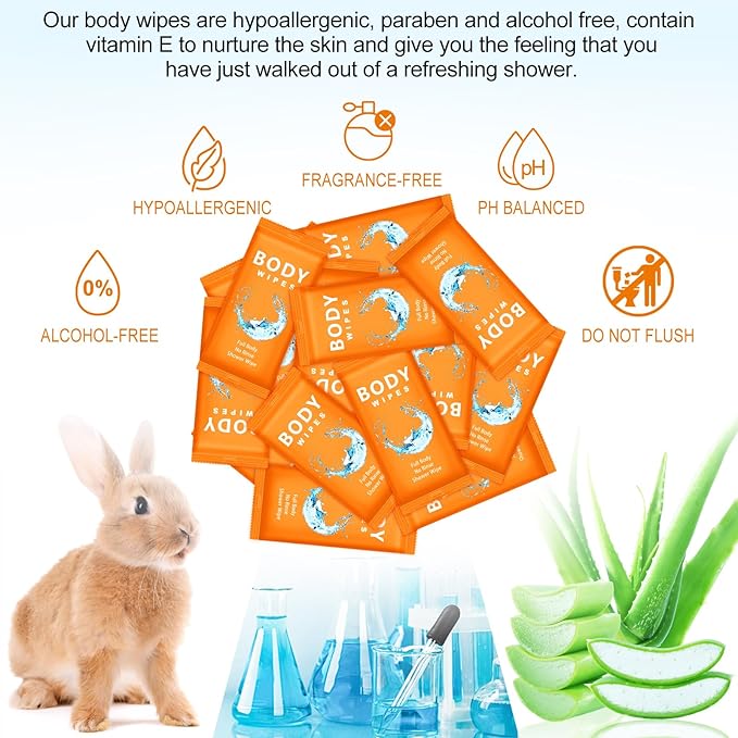 Treela 300 Pcs Large Body Wipes Bulk Deodorant Travel Size for Homeless Care Package Supplies Individually Wrapped Adults Bathing No Rinse Wet Wipes Men Women Hygiene Items(7.09" X 9.84",Orange)