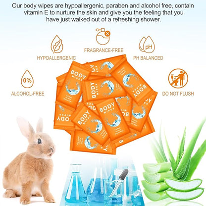 Treela 300 Pcs Large Body Wipes Bulk Deodorant Travel Size for Homeless Care Package Supplies Individually Wrapped Adults Bathing No Rinse Wet Wipes Men Women Hygiene Items(7.09" X 9.84",Orange)