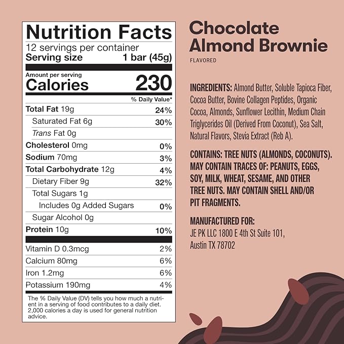 Perfect Keto Bars - The Cleanest Keto Snacks with Collagen and MCT. No Added Sugar, Keto Diet Friendly - 3g Net Carbs, 19g Fat, 10g protein - Diet Food Dessert (Almond Butter Brownie, 12 Bars)