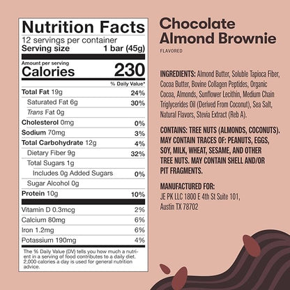 Perfect Keto Bars - The Cleanest Keto Snacks with Collagen and MCT. No Added Sugar, Keto Diet Friendly - 3g Net Carbs, 19g Fat, 10g protein - Diet Food Dessert (Almond Butter Brownie, 12 Bars)