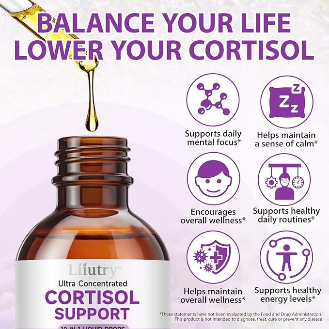 Cortisol Supplements for Women and Men with Magnesium, Ashwagandha, L-Theanine, 10 in 1 Cortisol Detox Manager Reducer, Hormone Balance Liquid Drops - Mood, Focus, Sleep - Blueberry Flavor(2.02 fl.oz)