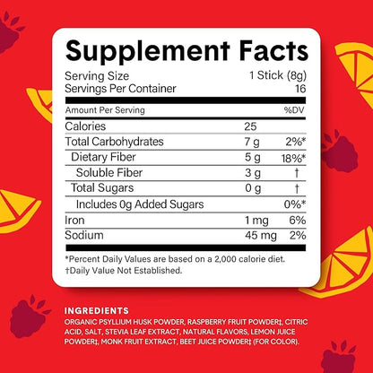 Bellway Super Fiber Packets + Fruit, Sugar Free Organic Psyllium Husk Powder Fiber Supplement to Go for Regularity, Bloating Relief & Digestive Health, Plant-Based, Raspberry Lemon (20 Packets)