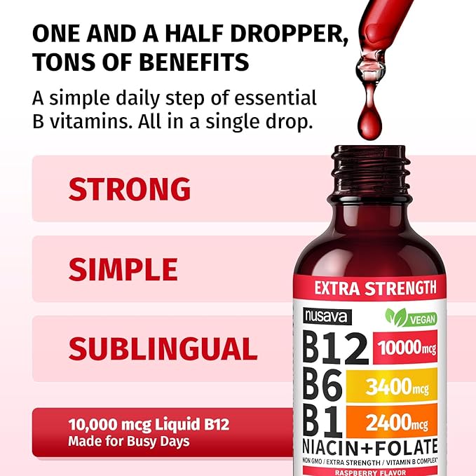 NUSAVA (2 Pack Extra Strength Liquid Vitamin B12 Sublingual Vitamin B Complex - B12 Drops 10000mcg - Methylcobalamin for Energy, Brain, and Heart Support, Raspberry Flavor, 2 floz, 80 Servings