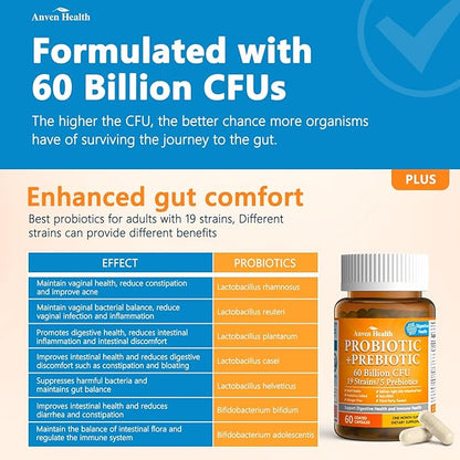 60 Billion Probiotics for Women and Men 19 Strains 5 Organic Prebiotics for Gut Digestive & Immune Health, Supports Diarrhea Gas Bloating, Vegan Probiotic Supplement Formula丨120 Caps