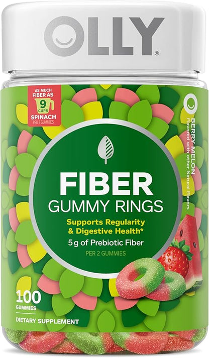 OLLY Fiber Gummy Rings, 5g FOS Prebiotic Fiber, Digestive Health Supplement,* Strawberry Watermelon Flavored, 50 Day Supply - 100 Count