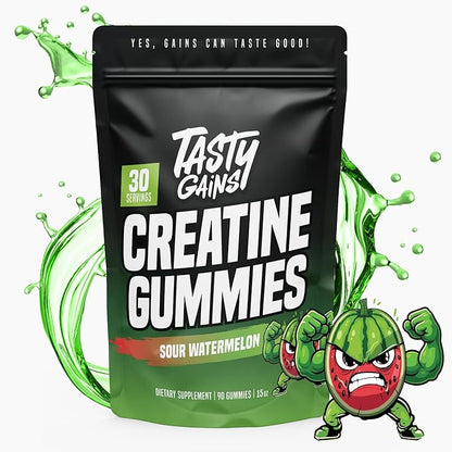 TASTY GAINS Creatine Gummies, 90g of Creatine, Non-GMO, Vegan - Build Muscle & Boost Strength for Men & Women (1g Creatine Monohydrate Per Gummy) Made in USA (90, Sour Watermelon)