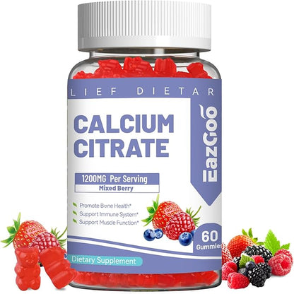 Calcium Citrate Gummies, Chewable 1200mg Calcium Gummies for Women & Men, Calcium Supplement for Muscle & Immune Support, High Absorption, Sugar Free, Mixed Berry Flavor, 60 Count