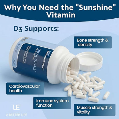 Life Enhancement Vitamin D3 K2 2000iu Supports Muscle & Brain Health - D3 K2 Supplement Helps in Immune and Cardiovascular Support - Made in USA (120 Vegetarian Capsules)