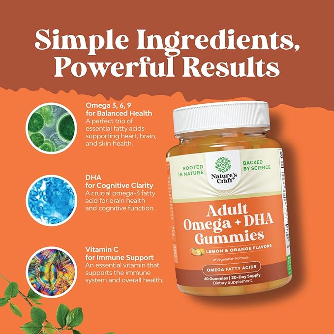 Omega 3 Gummies for Adults - Vegetarian Omega 3 6 9 DHA Gummies for Brain Bone and Heart Health and Joint Support - Burpless Fish Free Plant Based Supplement Men Women - 60 Count