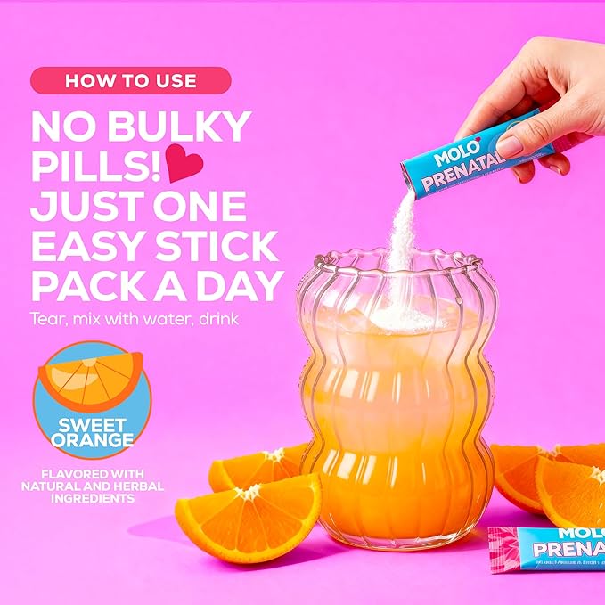 MOLO Prenatal Multi-Vitamin Drink Mix for Women – Packed with essential vitamins & antioxidants, DHA Omega-3, Methylfolate – 30 Stick Packs with Sweet Orange Flavor – Vegetarian, Gluten-Free & Non-GMO