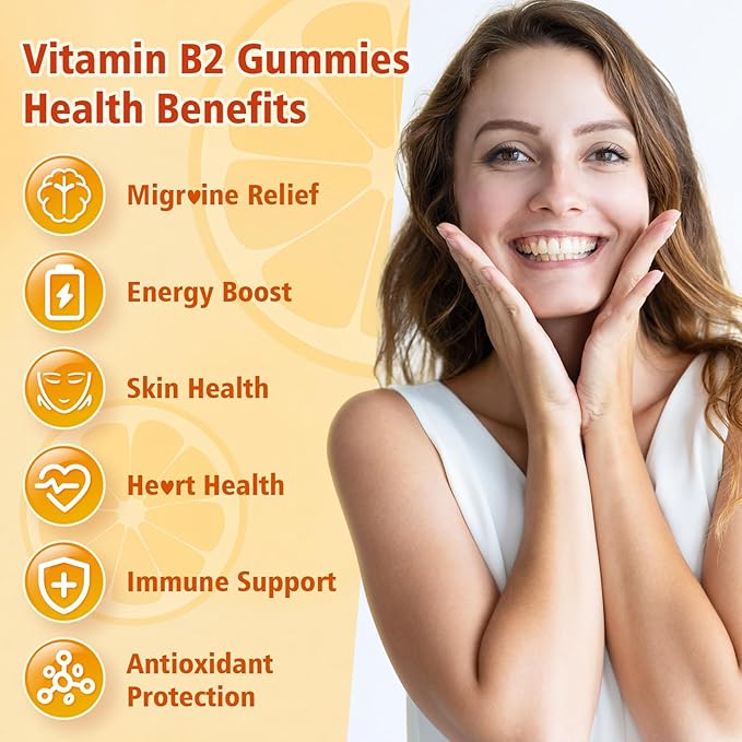 Vitamin B2 Gummies - Riboflavin 400mg for Kids & Adults, Migraine Relief & Headache Relief, Vegan, Sugar-Free, Orange Flavor, 60 Gummies
