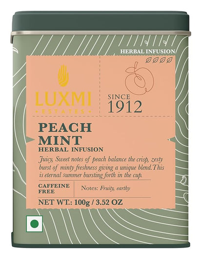 Luxmi Estates Peach Mint Tea with Cinnamon Ginger Hibiscus, 50 cups (100g/3.5oz) | Caffeine-Free