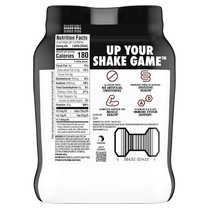 Oikos Protein Shake, Chocolate, 30g High Protein Drinks, Shelf Stable, Ready to Drink, 5g Prebiotic Fiber, 12 fl oz Bottle, 4 Count