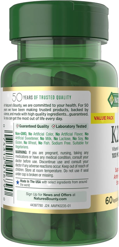 Nature's Bounty Vitamin D3 K2 Supplement, 4000 IU, D3 Plus 100 mcg of Vitamin K Supplements for Adults for Heart & Bone Health Support, 60 Day Supply, 60 Vegetarian Capsules (Pack of 3)